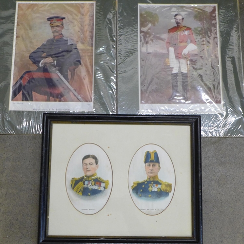 767 - Silk pictures of Admiral Beatty, Admiral Sir John R. Jellicoe, two prints of Major General J.M. Babi... 