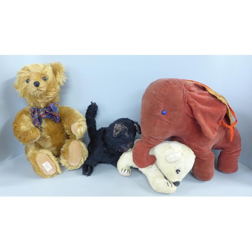 783 - A Dean's Rag Book Teddy bear, a soft toy elephant, black cat and a polar bear cub