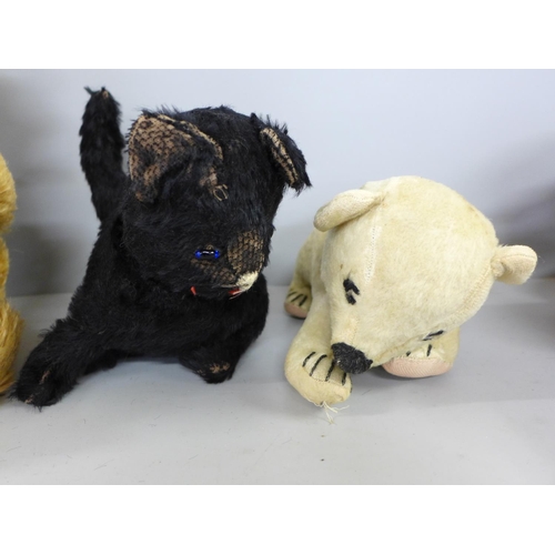 783 - A Dean's Rag Book Teddy bear, a soft toy elephant, black cat and a polar bear cub