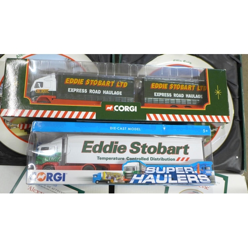 805 - Twenty-seven Eddie Stobart collectors plates and two Corgi Stobart model lorries