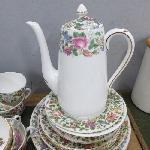 809 - A collection of Crown Staffordshire Thousand Flowers dinnerware, coffee pot, teapot, cups, saucers, ... 