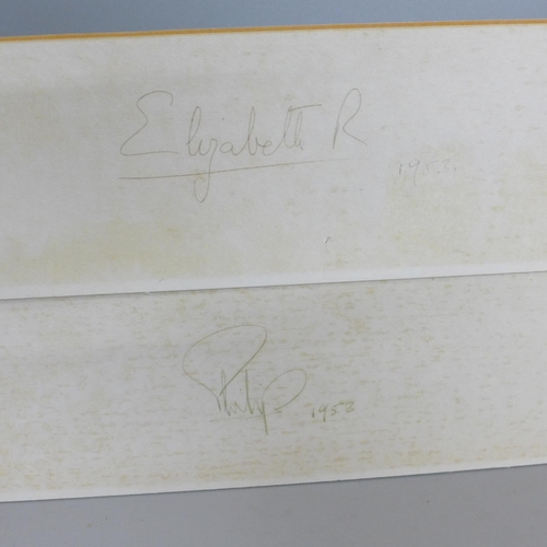 819 - A Queen Elizabeth II and Prince Philip autographed mounts, dated 1953