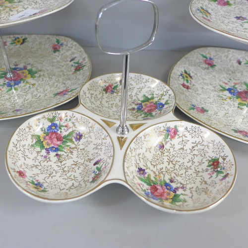 823 - Two Midwinter Stylecraft three tier cake stands and a nut dish