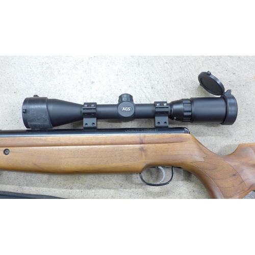 832 - A Webley Longbow air rifle with silencer and scope with soft case