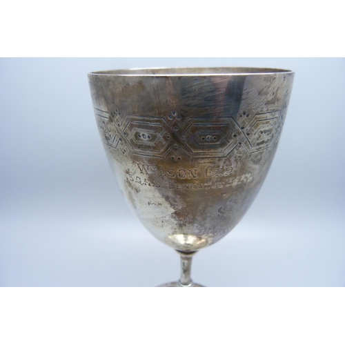 864A - A Victorian silver goblet, 204g, hallmarks worn, with inscription