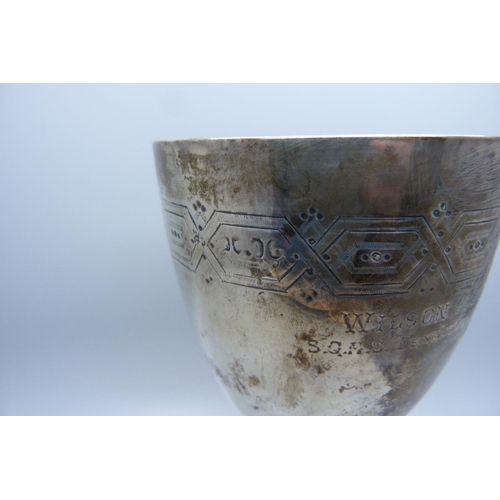 864A - A Victorian silver goblet, 204g, hallmarks worn, with inscription