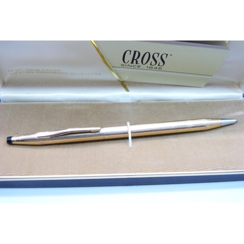 881 - A Sheaffer ink pen with 14k gold nib and ballpoint pen set, boxed and two Cross ballpoint pens, both... 