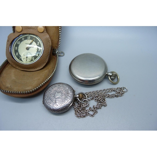 895 - A silver fob watch, chain and two other pocket watches