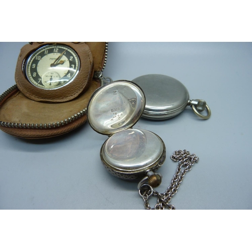 895 - A silver fob watch, chain and two other pocket watches