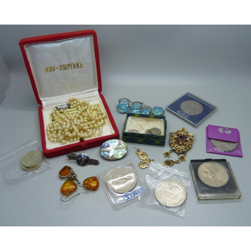 908 - A collection of jewellery, coins, etc., including a pearl, turquoise and amethyst brooch