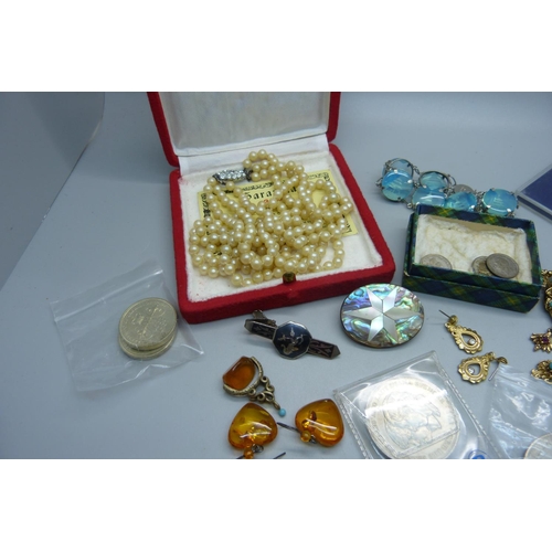 908 - A collection of jewellery, coins, etc., including a pearl, turquoise and amethyst brooch