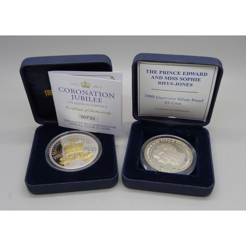 911 - A Coronation Jubilee silver proof £5 coin and Prince Edward and Sophie silver proof £5 coin