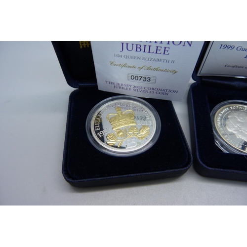 911 - A Coronation Jubilee silver proof £5 coin and Prince Edward and Sophie silver proof £5 coin