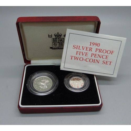 912 - A silver proof five pence two coin set