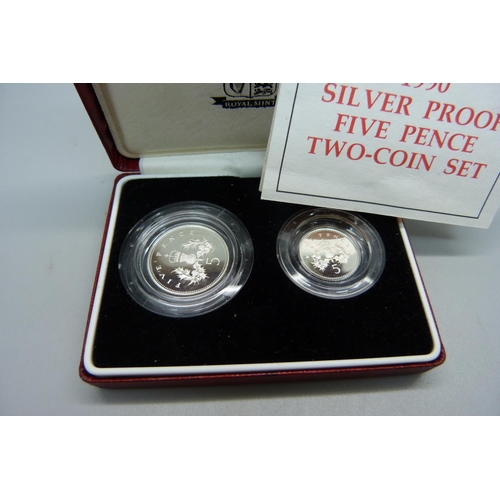 912 - A silver proof five pence two coin set