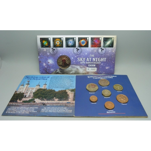 928 - A Sky at Night 50th Anniversary coin cover and a 1982 UK coin collection set