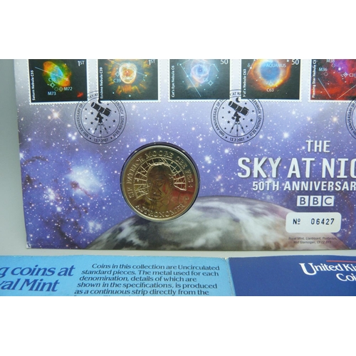 928 - A Sky at Night 50th Anniversary coin cover and a 1982 UK coin collection set