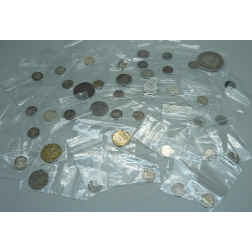 934 - Coins including some silver, drilled, and replica