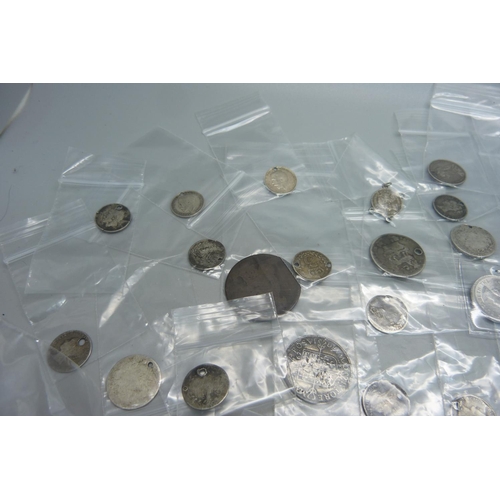 934 - Coins including some silver, drilled, and replica