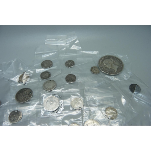 934 - Coins including some silver, drilled, and replica