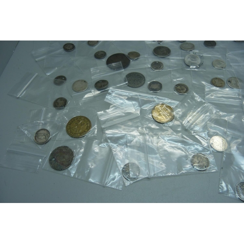 934 - Coins including some silver, drilled, and replica