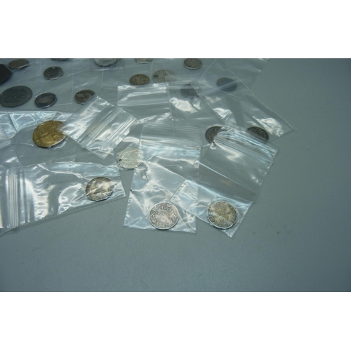 934 - Coins including some silver, drilled, and replica