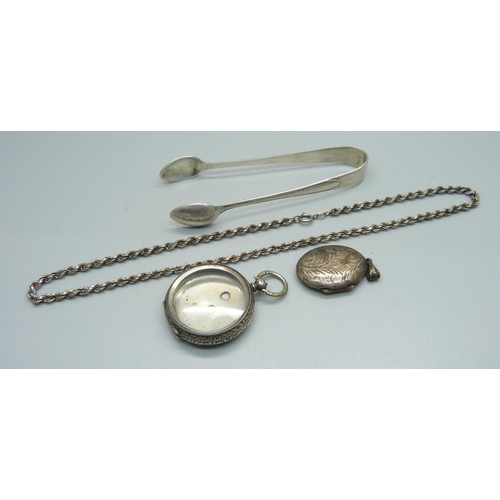 985 - A silver rope chain, silver sugar bows, a locket  and a silver watch case, 68g