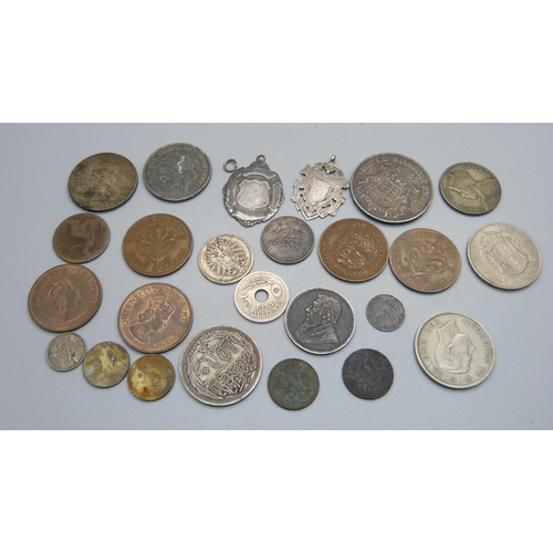 986 - A collection of coins and two silver fobs