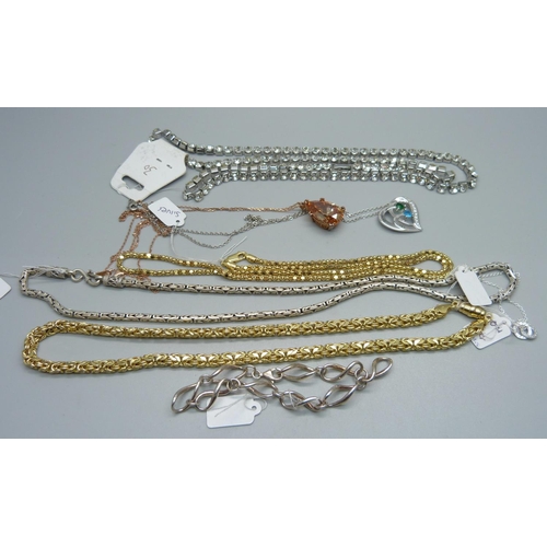 994 - A paste necklace, four silver silver chains and a bracelet, and one other pendant and chain