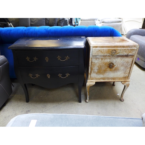 1540 - A black painted two drawer bombe chest and single drawer, single door chest