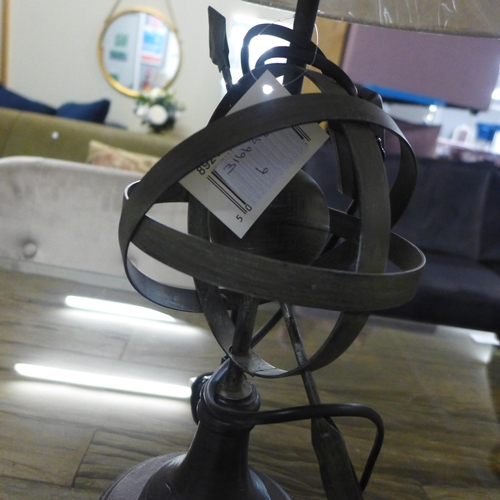 1372 - A metal armillary sphere lamp with cream shade, H 52cms (892123)   #