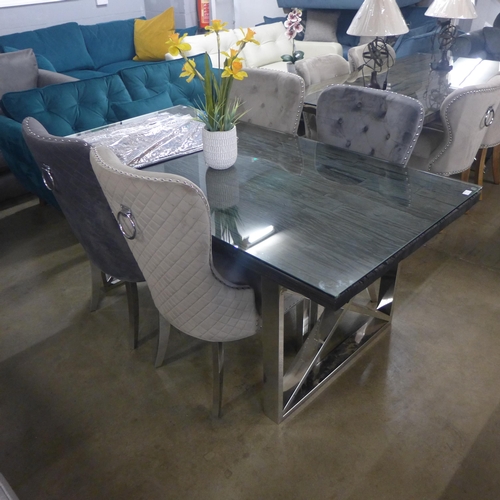 1378 - A black Chennai glass top dining table with a set of four Hugo chairs (two taupe, two grey)