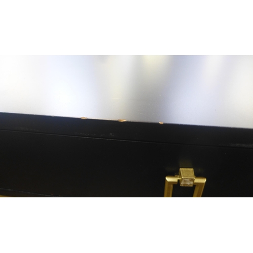 1441 - A black two drawer console table with gold legs