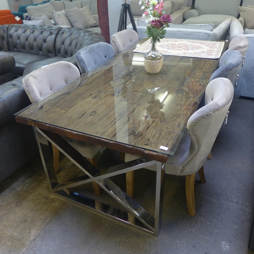 1486 - A Chennai 220cm glass top dining table with a set of six Arlo chairs (four taupe, two grey)