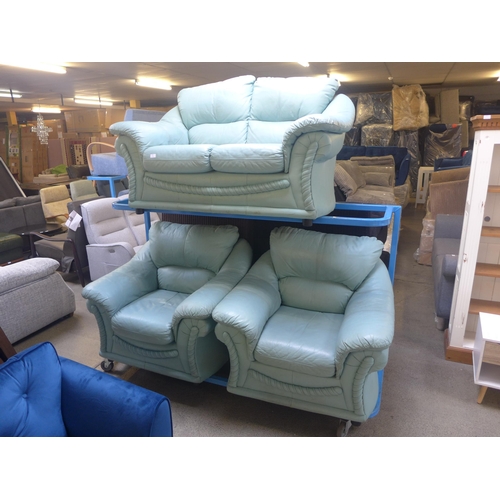 1593 - A turquoise leather two seater sofa and a pair of armchairs, worn