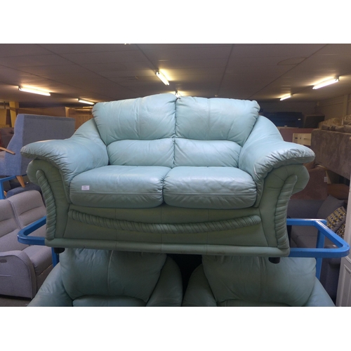 1593 - A turquoise leather two seater sofa and a pair of armchairs, worn