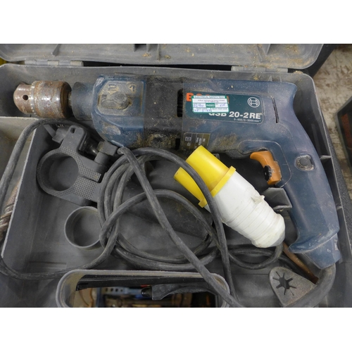 2159 - A Bosch 110V power drill and drill bit. An AEG 110V, 500W sander - sander failed electrical safety t... 