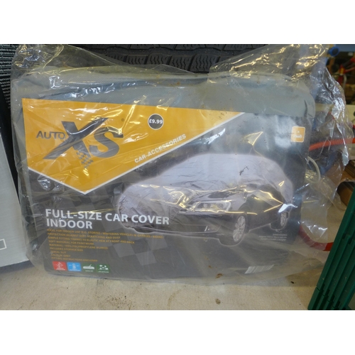 2219 - Automotive job lot: Halfords battery charger, petrol Jerry can, sealed car cover, wipers, etc.