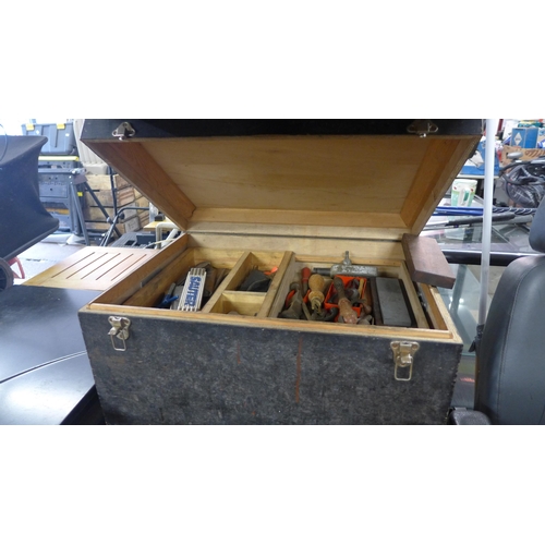 2411 - Wooden tool chest containing two trays of tools including hand drills, saws, screwdrivers and chisel... 