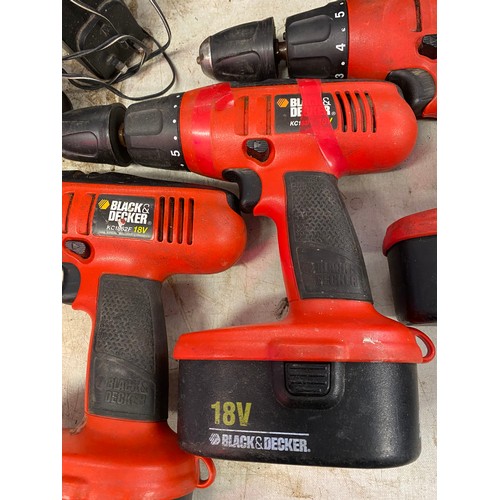 2024A - 3 Black & Decker Firestorm cordless drills with 3 batteries and charger - one drill failed electrica... 