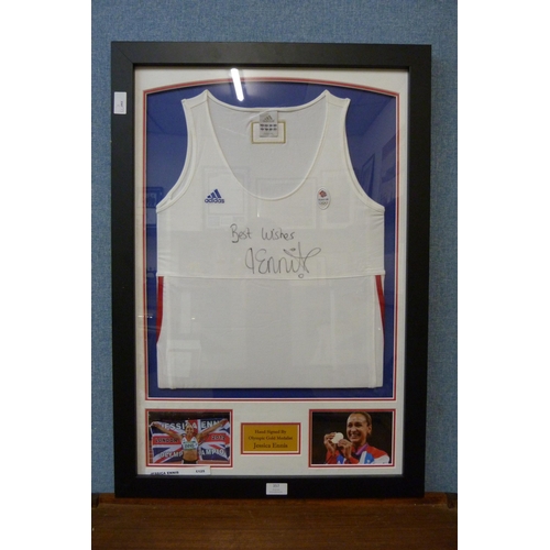 357 - A framed and autographed Adidas running shirt, Jessica Ennis