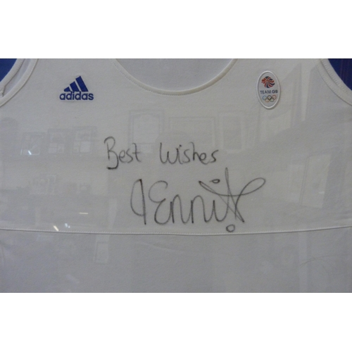 357 - A framed and autographed Adidas running shirt, Jessica Ennis