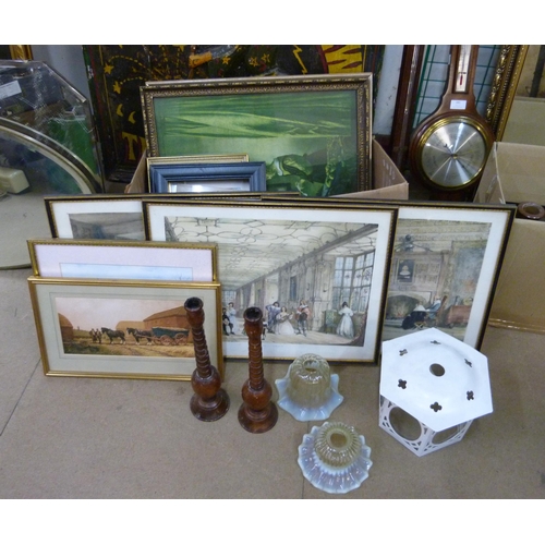 362 - Assorted paintings, prints, pair of beech candlesticks, etc.