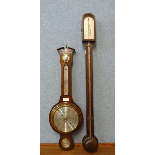 381 - A mahogany aneroid banjo barometer and a stick barometer