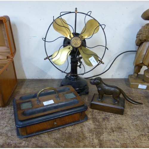 393 - A B & Y vintage fan, a dog nutcracker and a walnut pen and ink stand