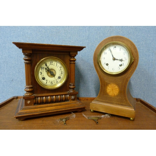 406 - An Edward VII inlaid mahogany balloon mantel clock and a walnut mantel clock, a/f