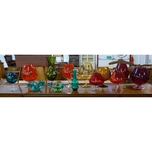 414 - A collection of coloured glass and two items of art glass