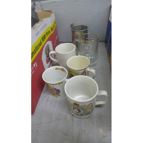 1094 - A collection of Royal Family related china, a plated coffee set and brass tray and goblets **PLEASE ... 