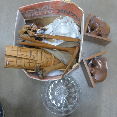 1101 - Wooden items including a pair of elephant bookend, glassware etc. **PLEASE NOTE THIS LOT IS NOT ELIG... 