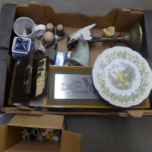 1112 - A box of mixed china, four Brambley Hedge Four Seasons plates, brass candlestick, Old Country Roses ... 